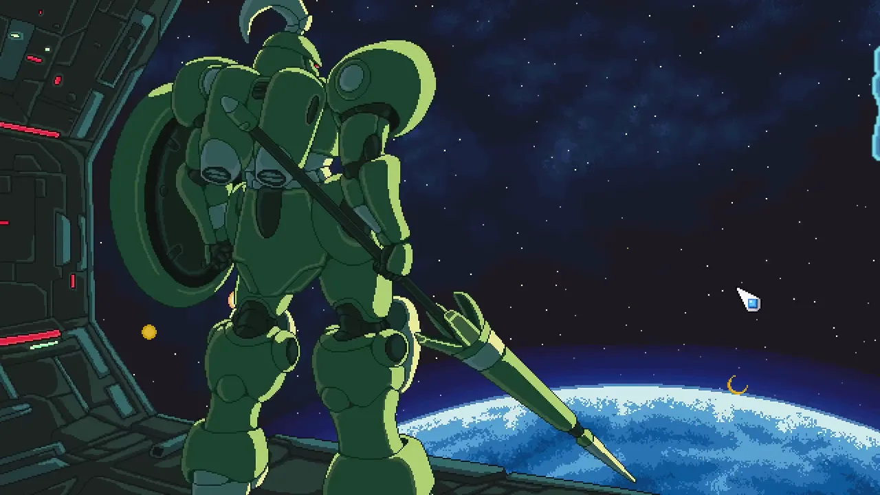 A green mecha stands in a starship bay above a blue planet in Chaos Front
